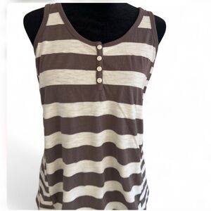 LOFT Brown White Striped Sleeveless Button Tank, Scoop Neck, Size S